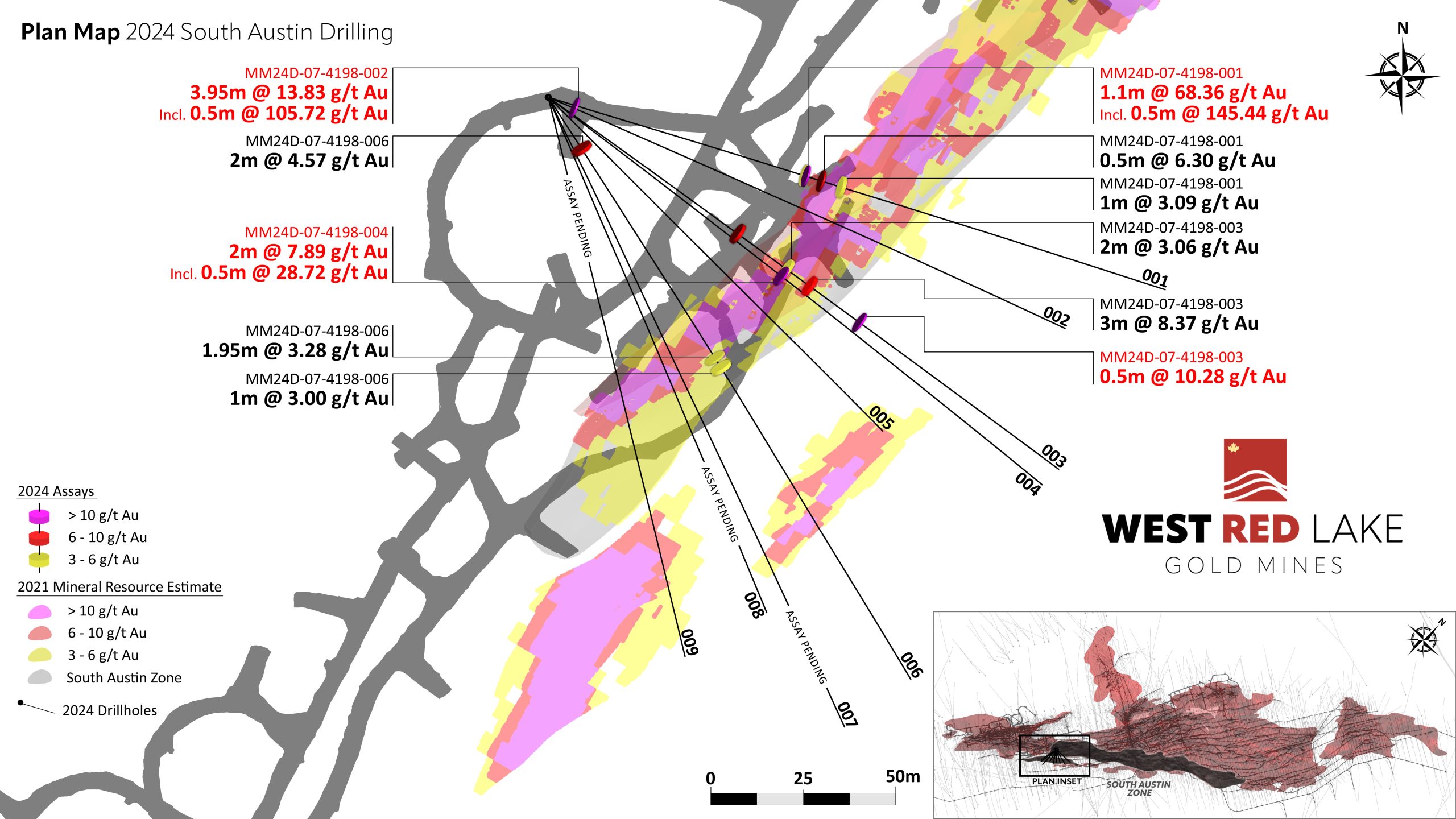 figure 3 wrlg southaustin plan nr scaled West Red Lake Gold Intersects 68.36 g/t Au over 1.1m and 13.83 g/t Au over 3.95m at South Austin Zone – Madsen Mine