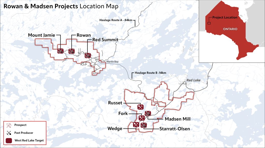 wrlg rowan and madsen projects location map West Red Lake Gold Intersects 37.33 g/t Au over 2.79m and 5.26 g/t Au over 9.0m at North Austin Zone – Madsen Mine